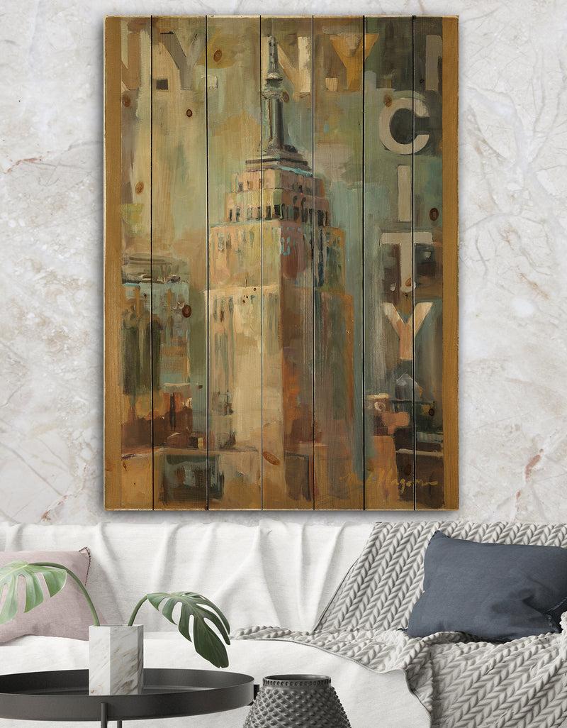 DesignQ Gold Vintage Empire State Building I - Vintage Architecture Print on Natural Pine Wood