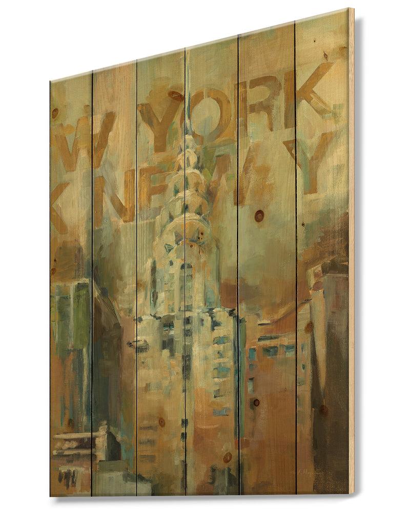 DesignQ Gold Vintage Empire State Building II - Vintage Architecture Print On Natural Pine Wood
