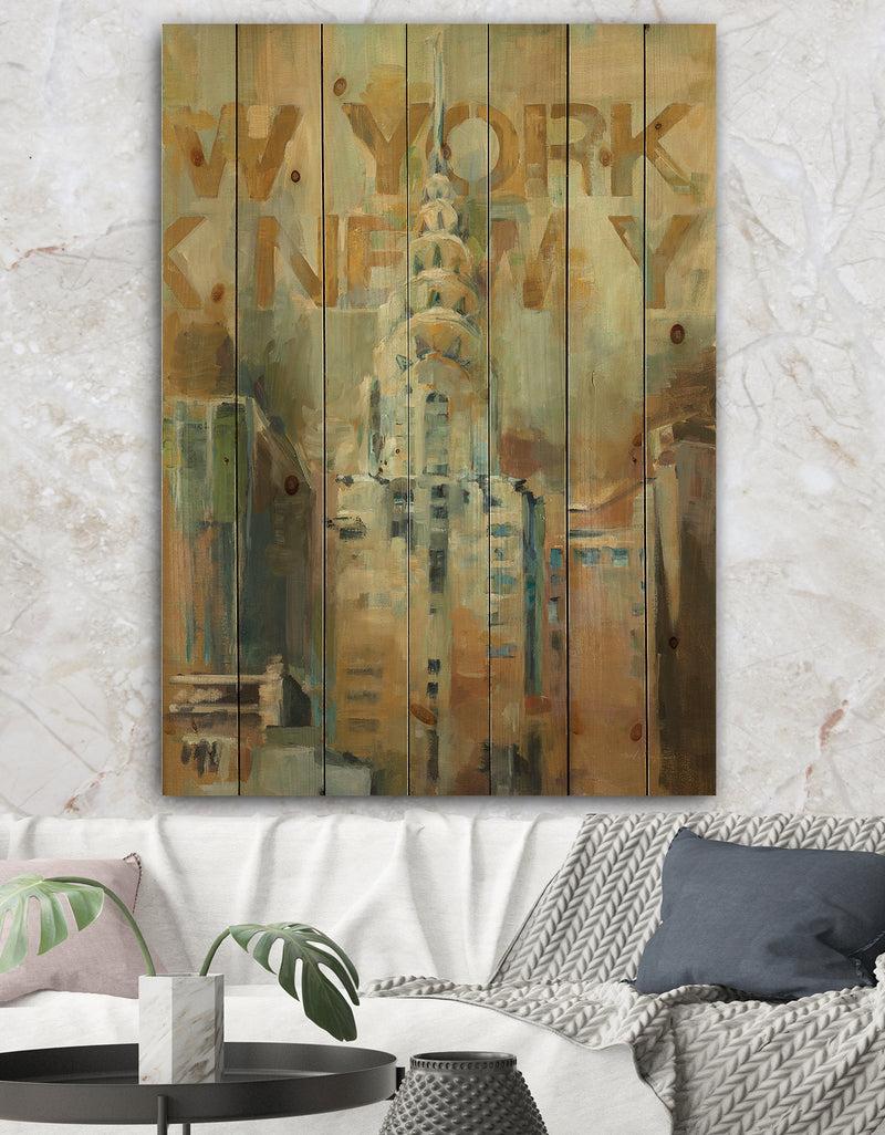 DesignQ Gold Vintage Empire State Building II - Vintage Architecture Print on Natural Pine Wood
