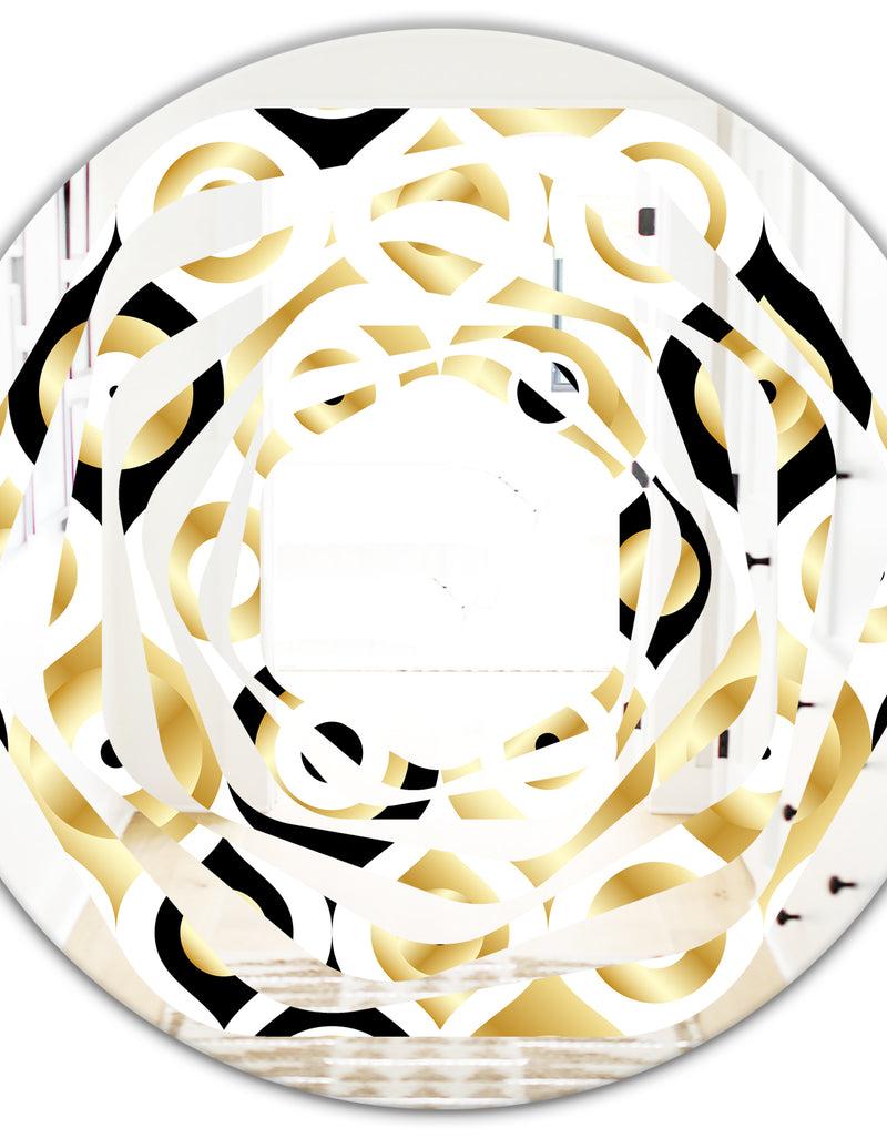 DesignQ Golden Art Deco Metallic Luxury Geometrics - Modern Round Or Oval Wall Mirror - Whirl