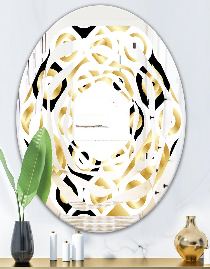 DesignQ Golden Art Deco Metallic Luxury Geometrics - Modern Round Or Oval Wall Mirror - Whirl
