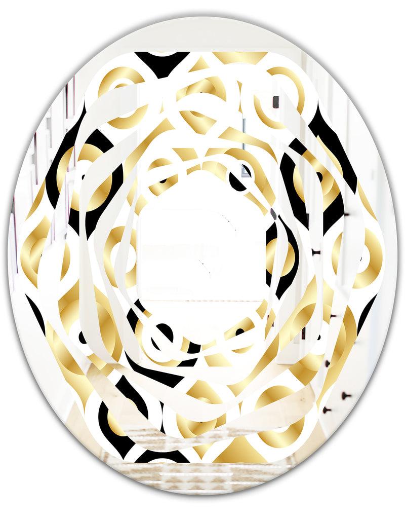 DesignQ Golden Art Deco Metallic Luxury Geometrics - Modern Round Or Oval Wall Mirror - Whirl