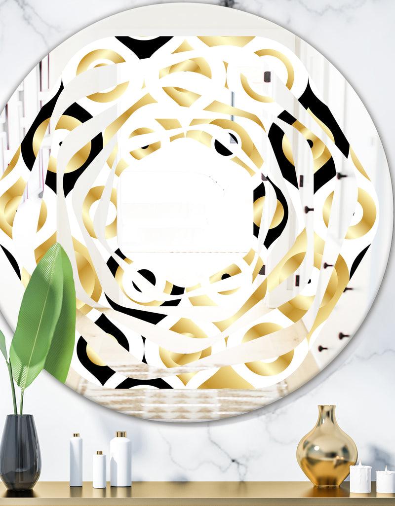 DesignQ Golden Art Deco Metallic Luxury Geometrics - Modern Round or Oval Wall Mirror - Whirl