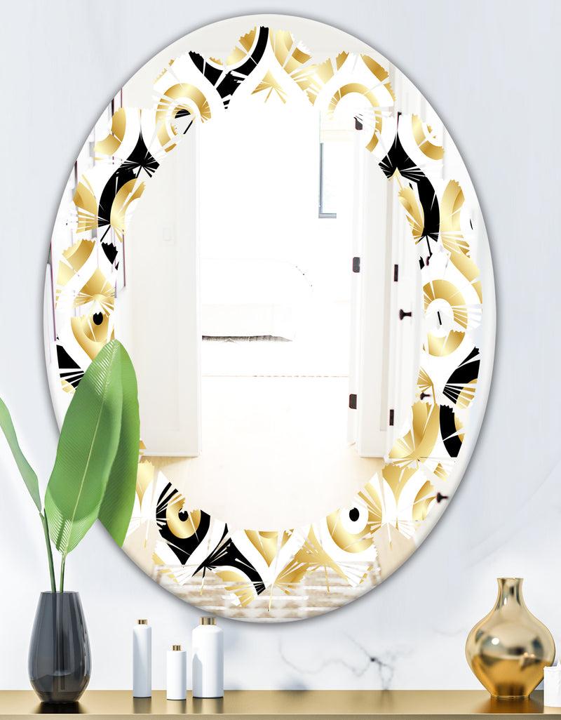 DesignQ Golden Art Deco Metallic Luxury Geometrics - Modern Round Or Oval Wall Mirror - Leaves