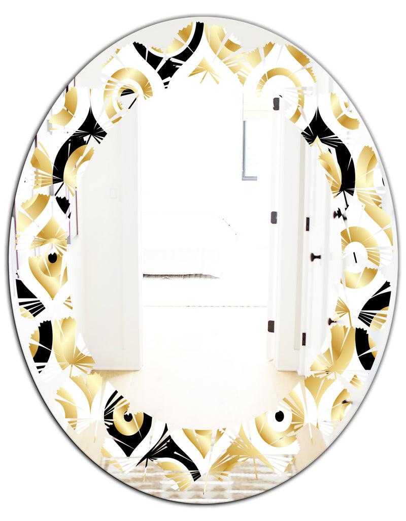 DesignQ Golden Art Deco Metallic Luxury Geometrics - Modern Round Or Oval Wall Mirror - Leaves