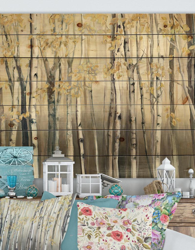 DesignQ Golden Birch Forest I - Landscapes Print on Natural Pine Wood