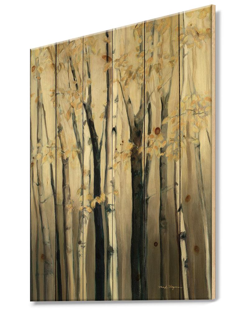 DesignQ Golden Birch Forest III - Farmhouse Print On Natural Pine Wood