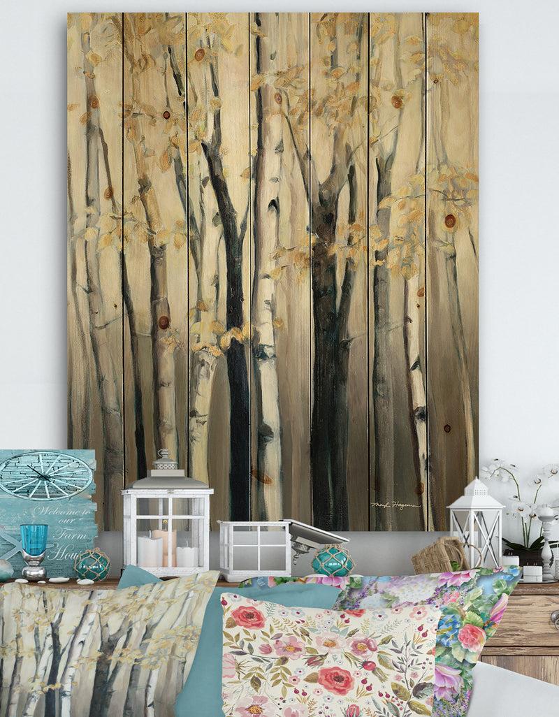 DesignQ Golden Birch Forest III - Farmhouse Print on Natural Pine Wood