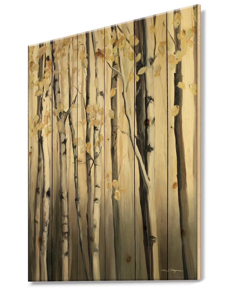 DesignQ Golden Birch Forest IV - Cabin & Lodge Print On Natural Pine Wood