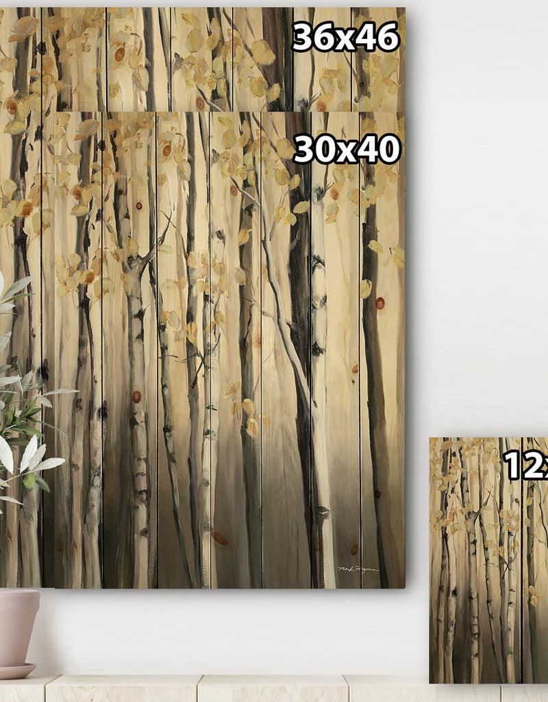 DesignQ Golden Birch Forest IV - Cabin & Lodge Print On Natural Pine Wood
