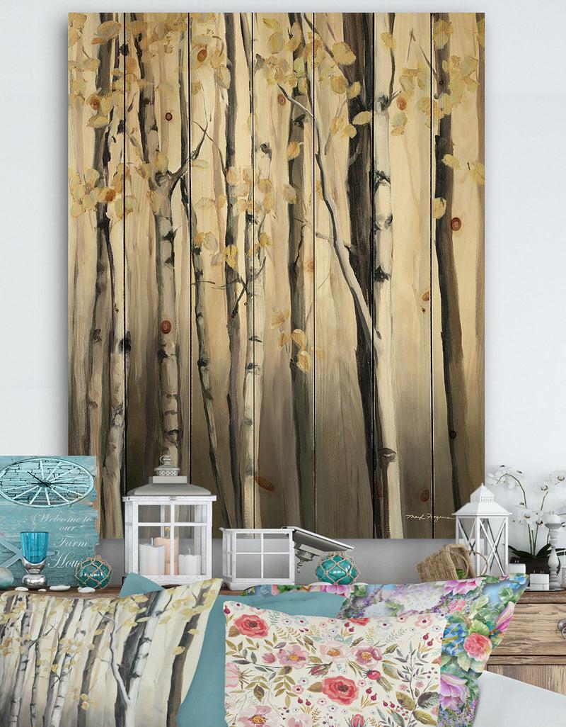 DesignQ Golden Birch Forest IV - Cabin & Lodge Print on Natural Pine Wood