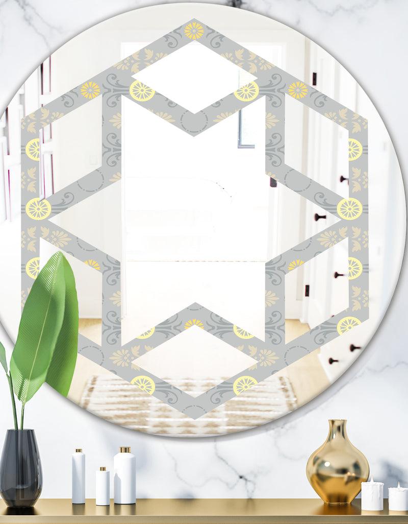 DesignQ Golden Cornflower Pattern - Modern Round or Oval Wall Mirror - Hexagon Star