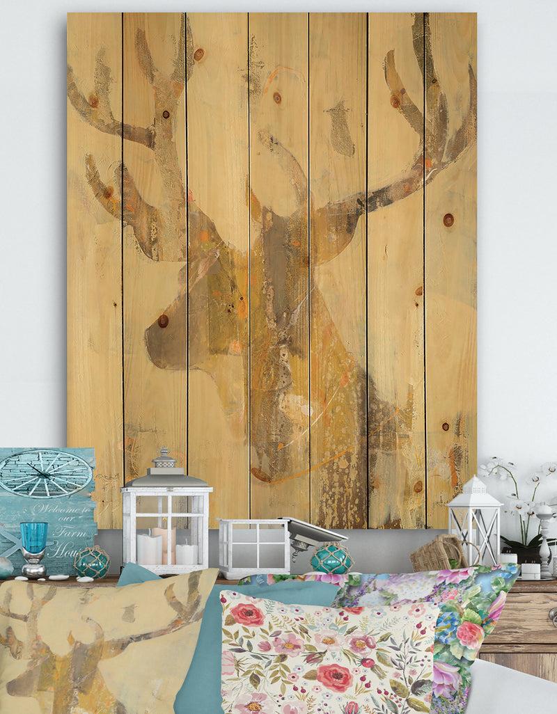 DesignQ Golden Deer II - Modern Farmhouse Print on Natural Pine Wood