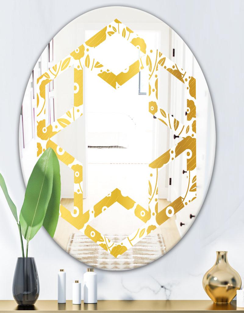 DesignQ Golden Floral I - Modern Round Or Oval Wall Mirror - Hexagon Star