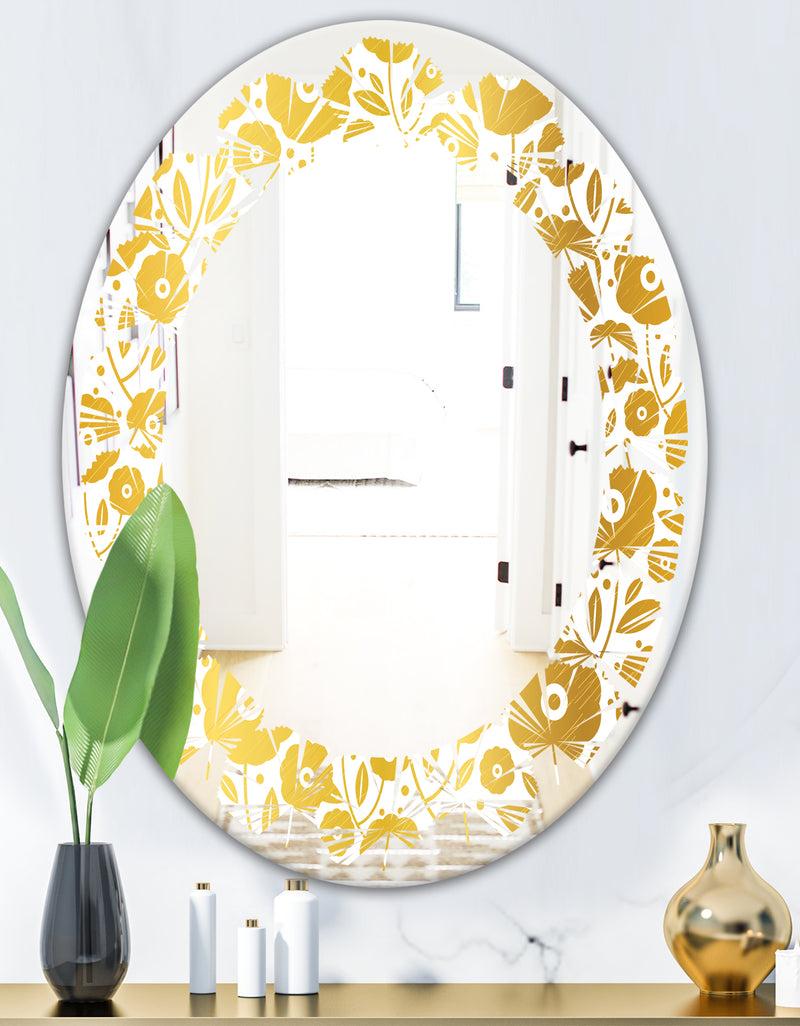 DesignQ Golden Floral I - Modern Round Or Oval Wall Mirror - Leaves