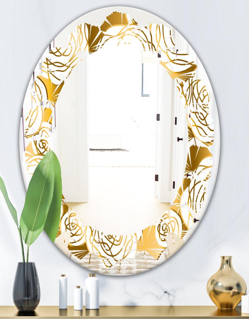 DesignQ Golden Floral III - Modern Round Or Oval Wall Mirror - Leaves
