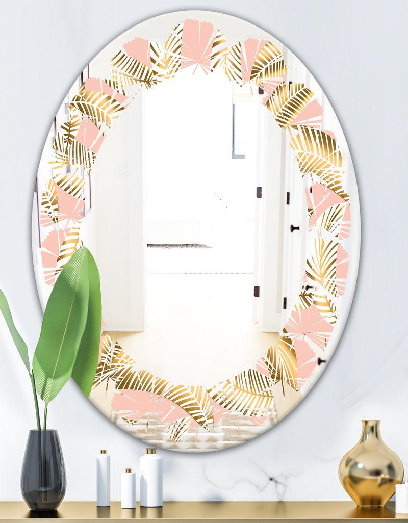 DesignQ Golden Foliage IV - Modern Round Or Oval Wall Mirror - Leaves