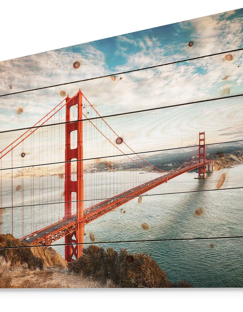 DesignQ Golden Gate Bridge In San Francisco - Sea Bridge Print On Natural Pine Wood