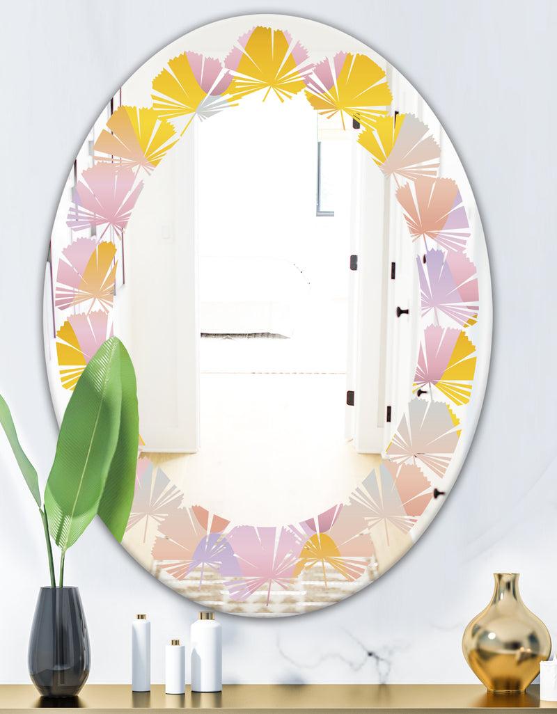 DesignQ Golden Geometrical Diamond Pattern II - Modern Round Or Oval Wall Mirror - Leaves