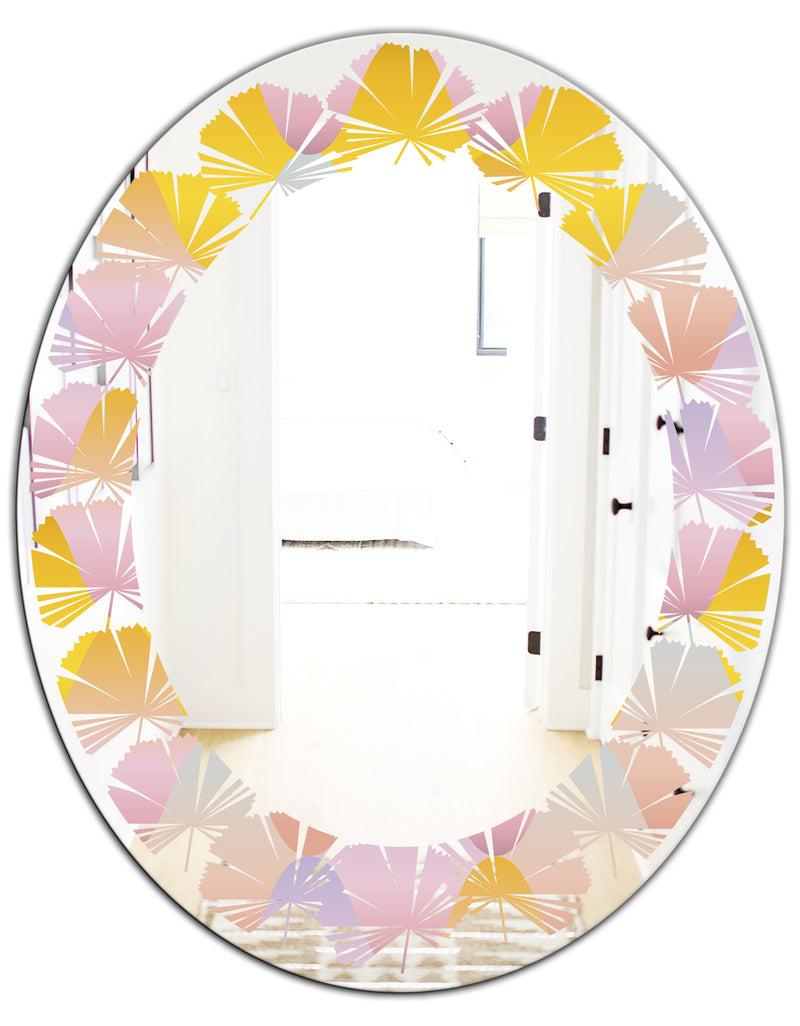 DesignQ Golden Geometrical Diamond Pattern II - Modern Round Or Oval Wall Mirror - Leaves