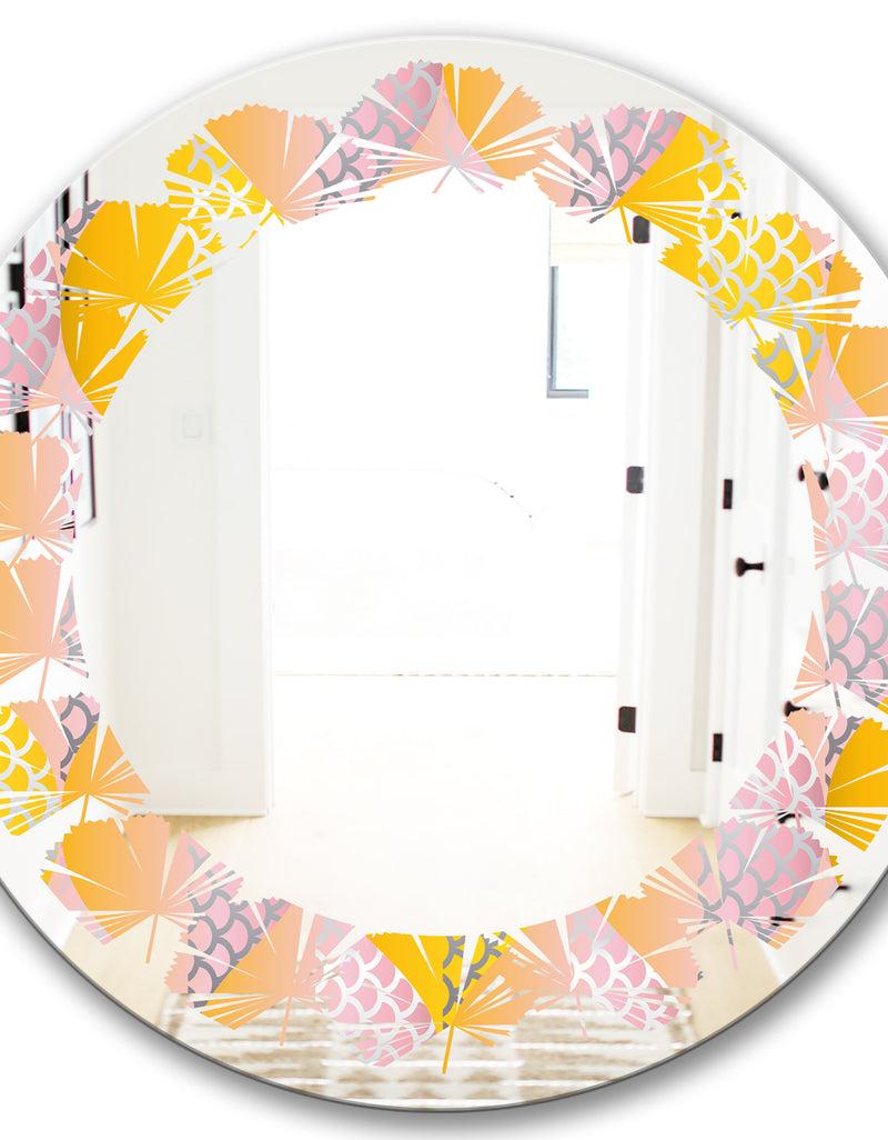 DesignQ Golden Geometrical Diamond Pattern IV - Modern Round Or Oval Wall Mirror - Leaves