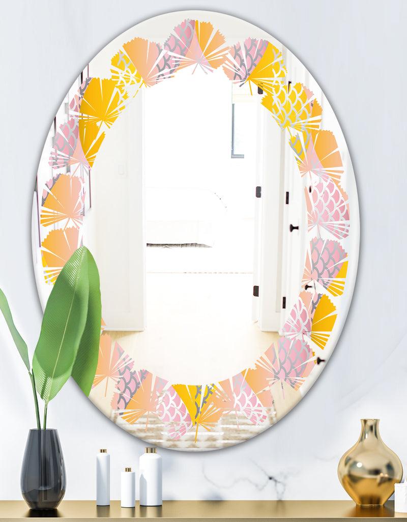 DesignQ Golden Geometrical Diamond Pattern IV - Modern Round Or Oval Wall Mirror - Leaves