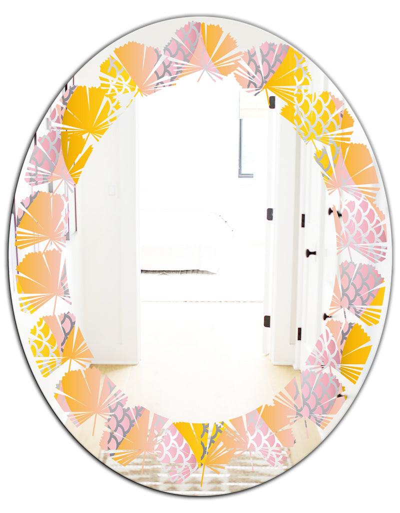 DesignQ Golden Geometrical Diamond Pattern IV - Modern Round Or Oval Wall Mirror - Leaves