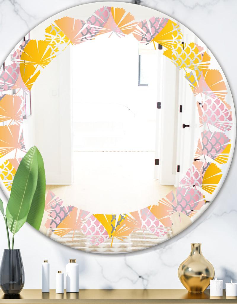 DesignQ Golden Geometrical Diamond Pattern IV - Modern Round or Oval Wall Mirror - Leaves
