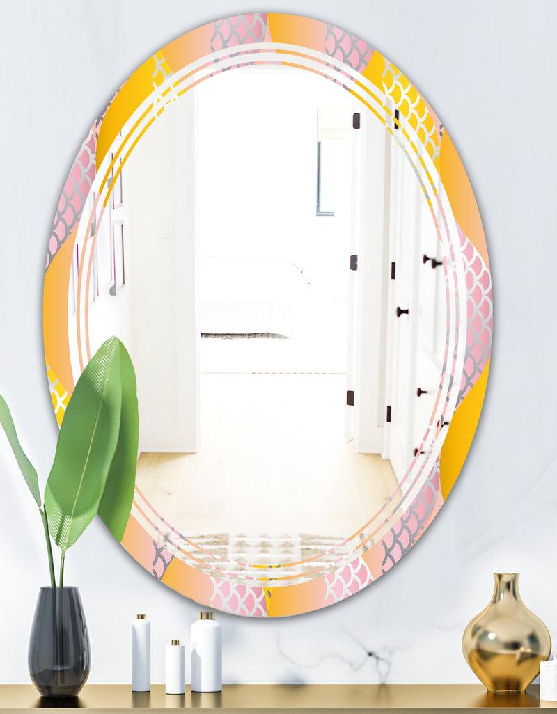 DesignQ Golden Geometrical Diamond Pattern IV - Modern Round Or Oval Wall Mirror - Triple C