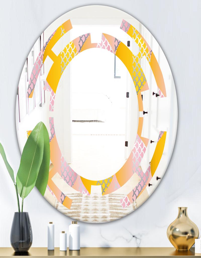 DesignQ Golden Geometrical Diamond Pattern IV - Modern Round Or Oval Wall Mirror - Space