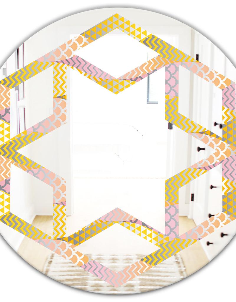 DesignQ Golden Geometrical Fish Scale - Modern Round Or Oval Wall Mirror - Hexagon Star