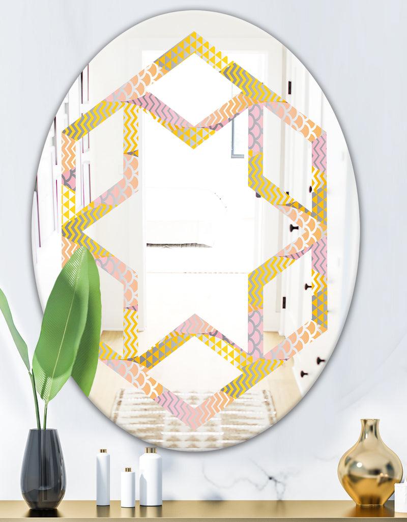 DesignQ Golden Geometrical Fish Scale - Modern Round Or Oval Wall Mirror - Hexagon Star