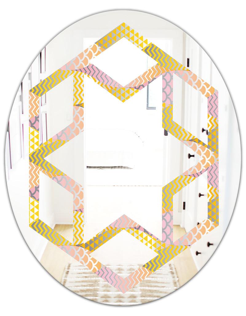 DesignQ Golden Geometrical Fish Scale - Modern Round Or Oval Wall Mirror - Hexagon Star