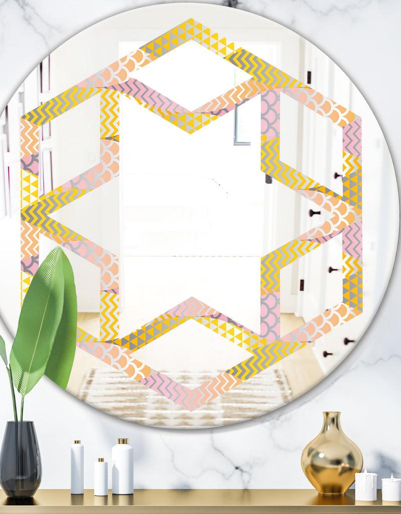 DesignQ Golden Geometrical Fish Scale - Modern Round or Oval Wall Mirror - Hexagon Star