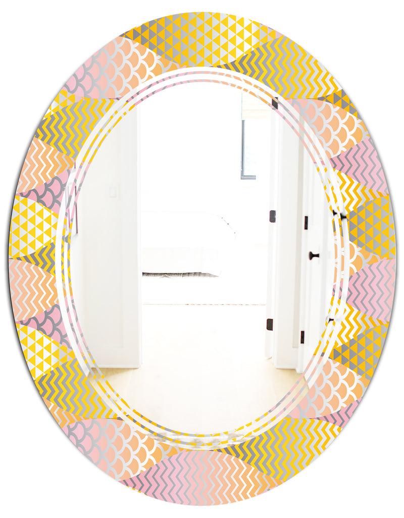 DesignQ Golden Geometrical Fish Scale - Modern Round Or Oval Wall Mirror - Triple C