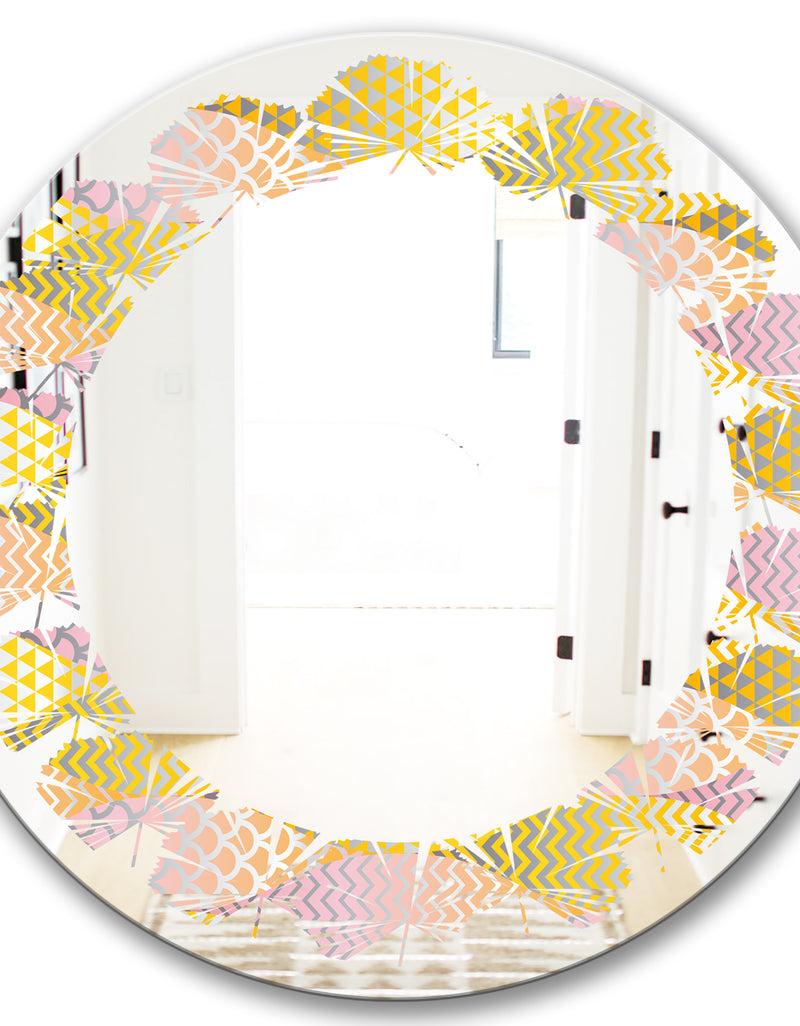 DesignQ Golden Geometrical Fish Scale - Modern Round Or Oval Wall Mirror - Leaves