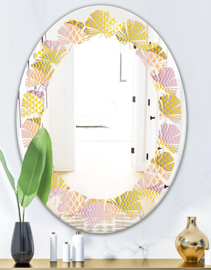 DesignQ Golden Geometrical Fish Scale - Modern Round Or Oval Wall Mirror - Leaves