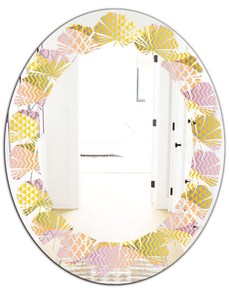 DesignQ Golden Geometrical Fish Scale - Modern Round Or Oval Wall Mirror - Leaves