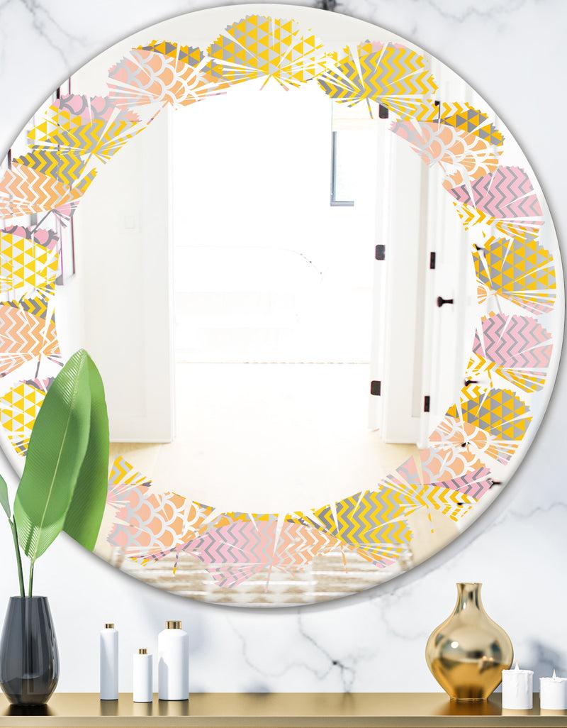 DesignQ Golden Geometrical Fish Scale - Modern Round or Oval Wall Mirror - Leaves