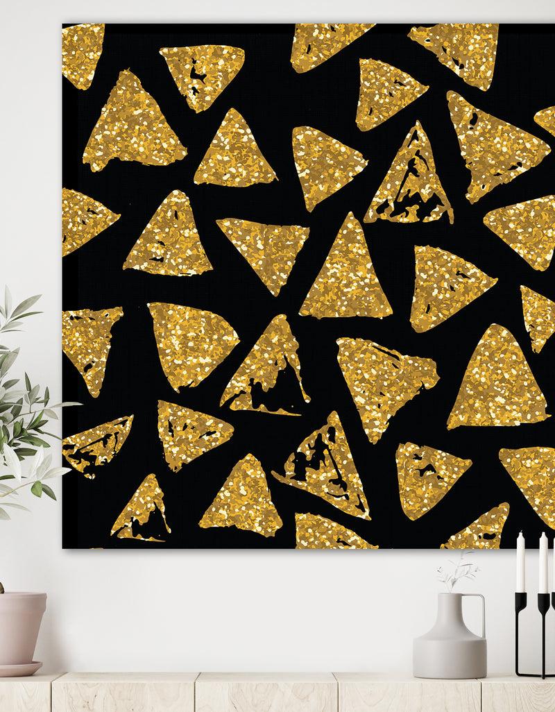 DesignQ Golden Glitter Triangles on Black Background - Modern & Contemporary Canvas Artwork