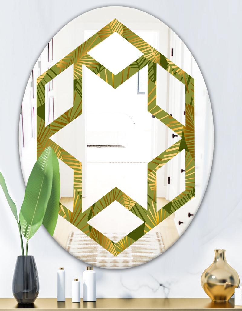 DesignQ Golden Leaves I - Modern Round Or Oval Wall Mirror - Hexagon Star