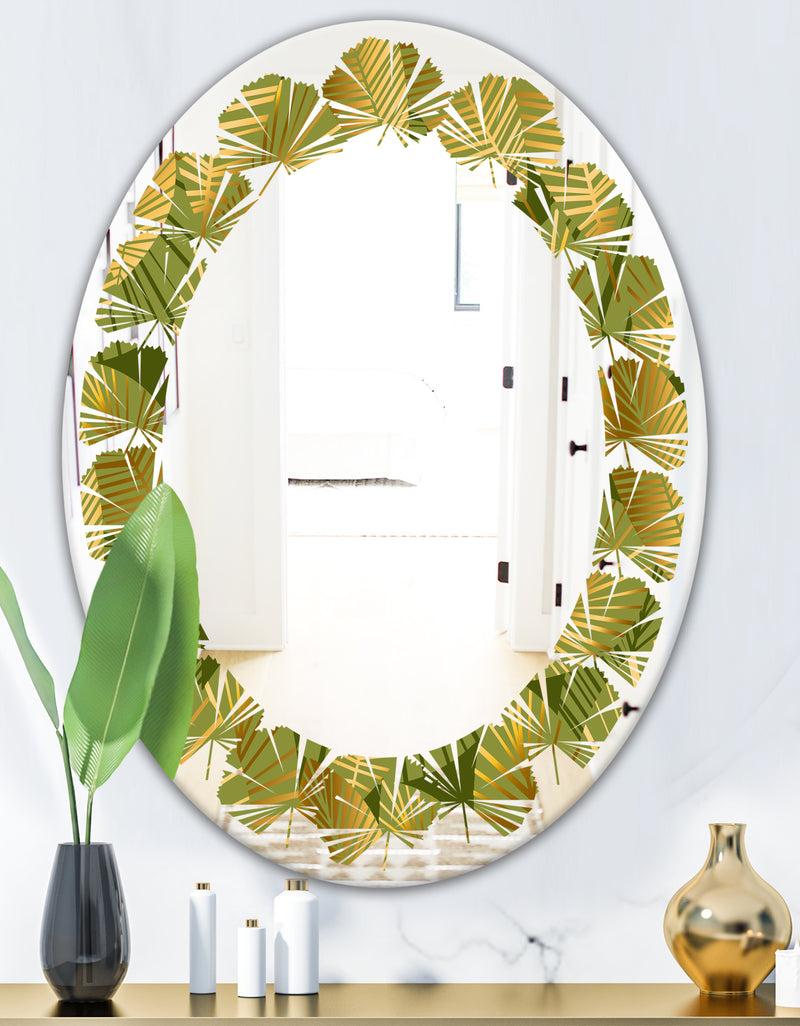 DesignQ Golden Leaves I - Modern Round Or Oval Wall Mirror - Leaves