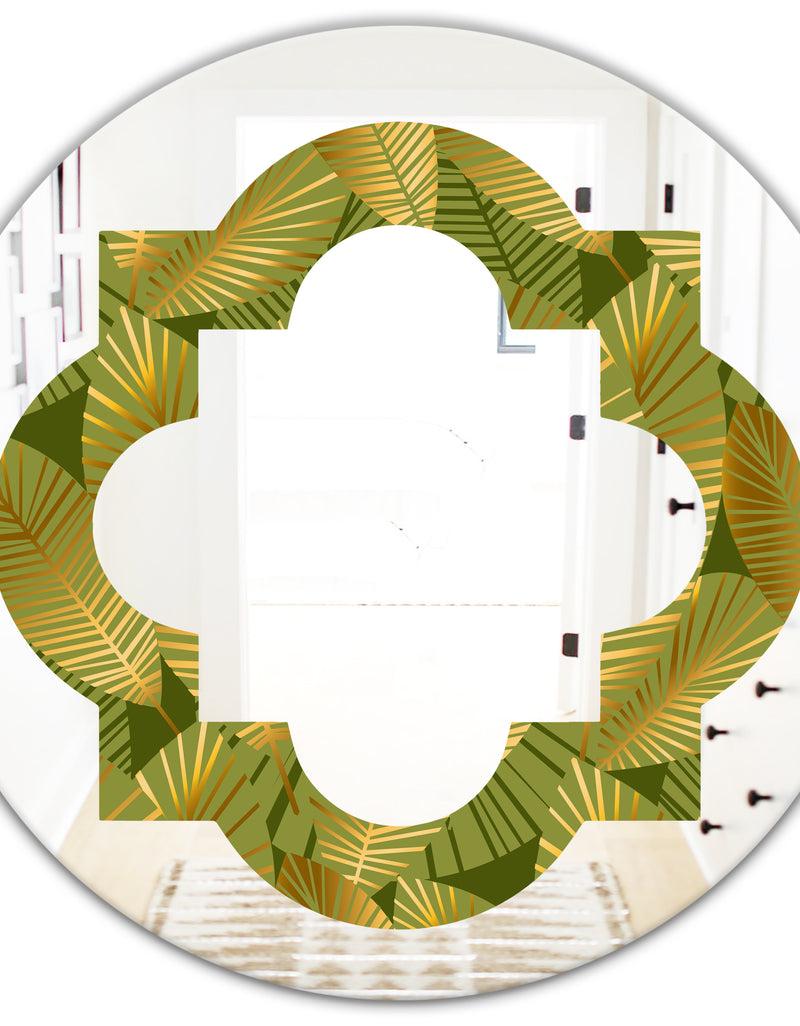 DesignQ Golden Leaves I - Modern Round Or Oval Wall Mirror - Quatrefoil