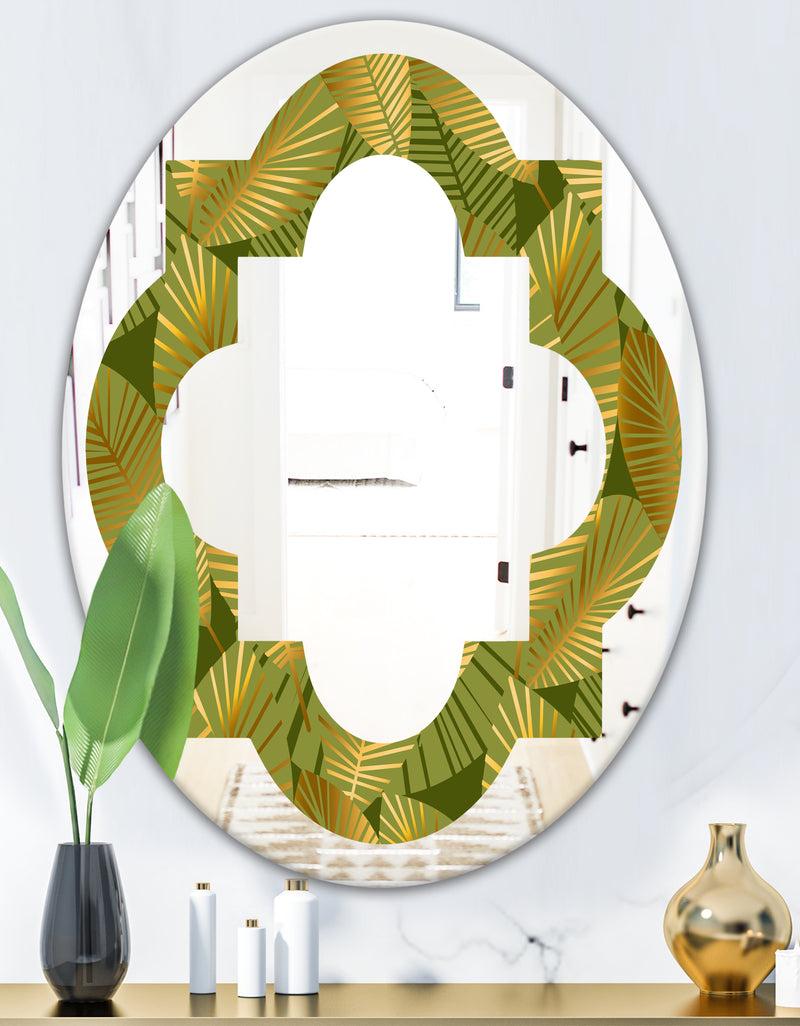 DesignQ Golden Leaves I - Modern Round Or Oval Wall Mirror - Quatrefoil