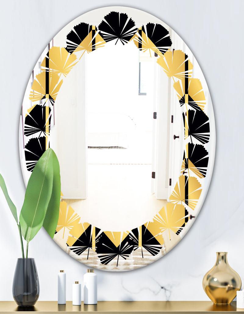 DesignQ Golden Luxury Metallic Geometrics V - Modern Round Or Oval Wall Mirror - Leaves