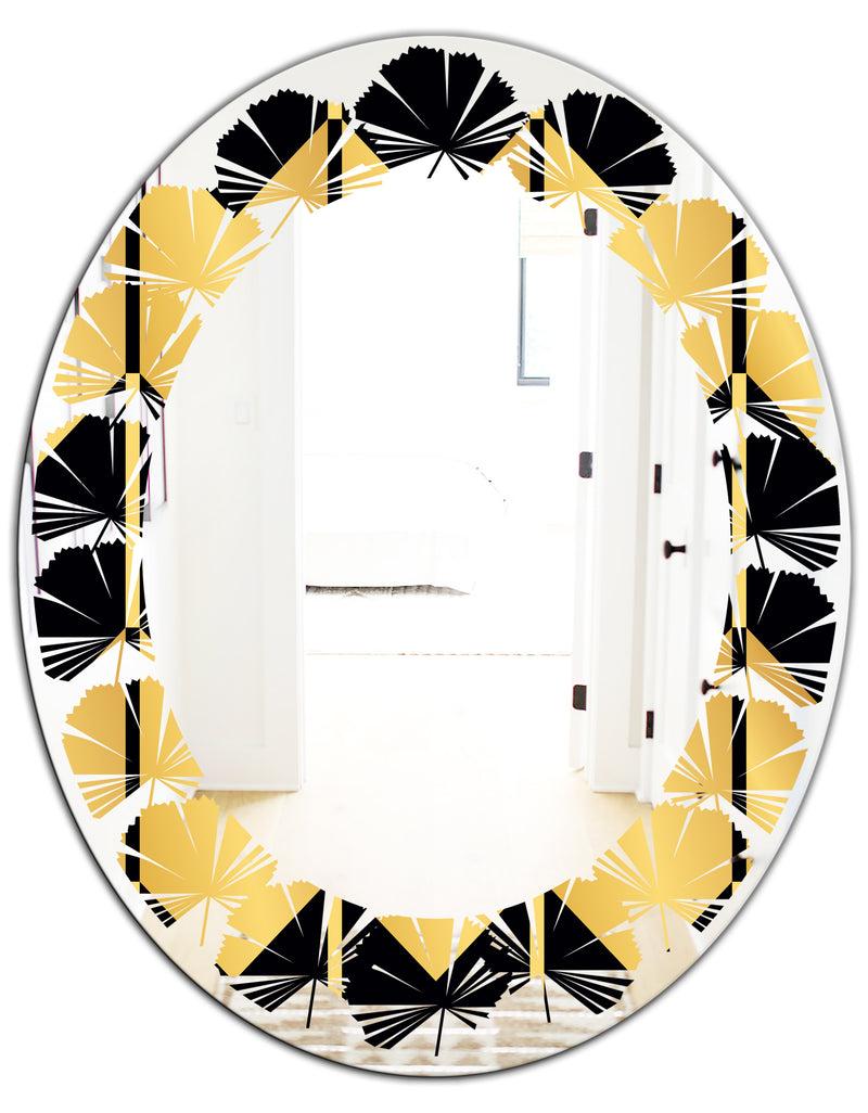 DesignQ Golden Luxury Metallic Geometrics V - Modern Round Or Oval Wall Mirror - Leaves