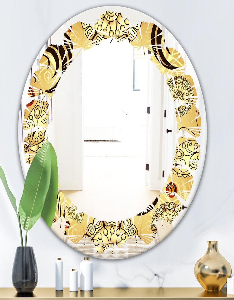 DesignQ Golden Luxury Pattern I - Modern Round Or Oval Wall Mirror - Leaves