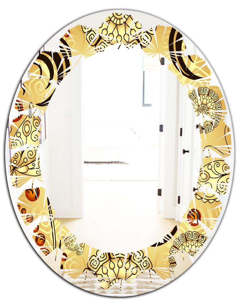 DesignQ Golden Luxury Pattern I - Modern Round Or Oval Wall Mirror - Leaves