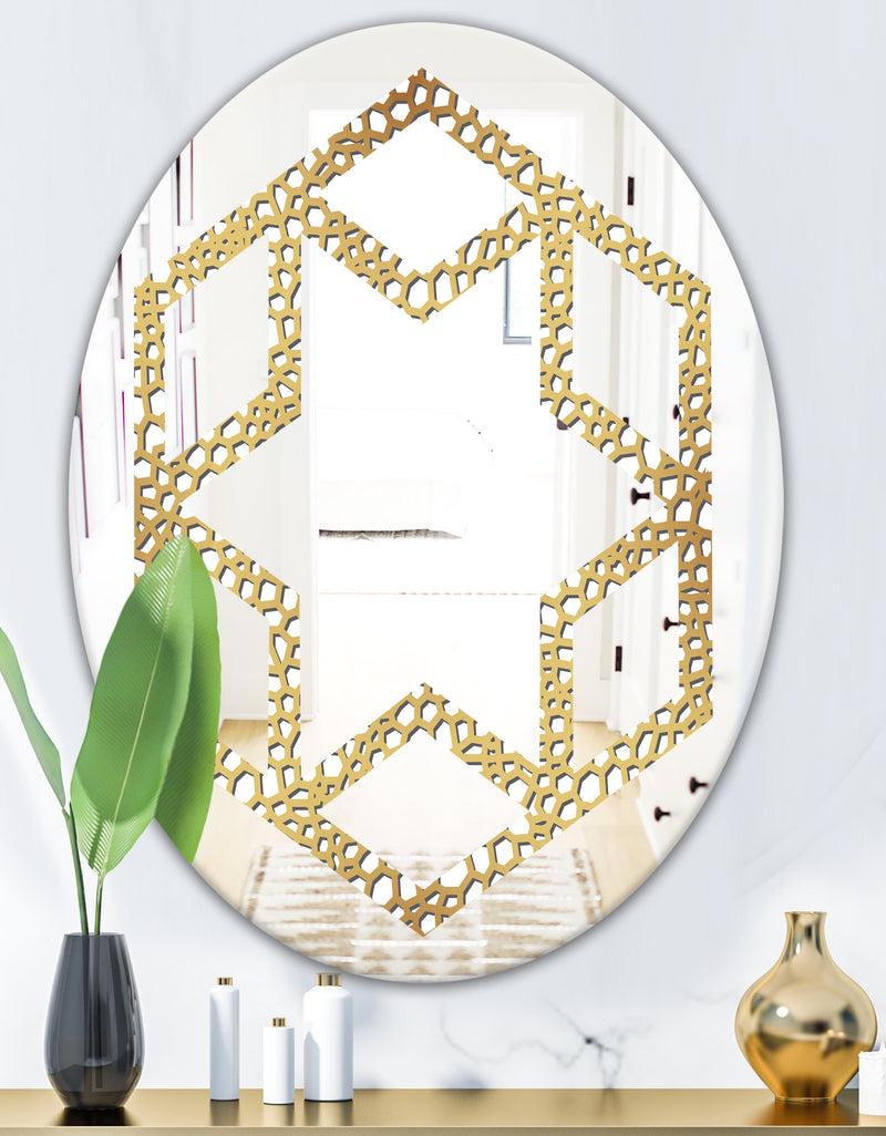 DesignQ Golden Maze - Modern Round Or Oval Wall Mirror - Hexagon Star