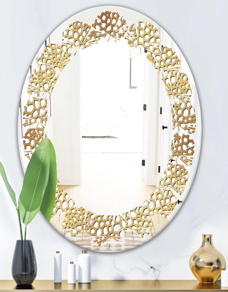 DesignQ Golden Maze - Modern Round Or Oval Wall Mirror - Leaves